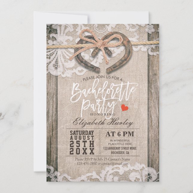 Rustic Horseshoes Burlap Snöre Bachelorette Party Inbjudningar (Framsida)