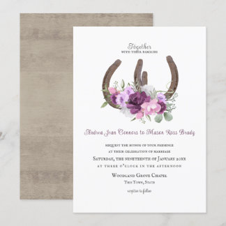 Rustic Horseshoes och Flowers Lila Inbjudningar