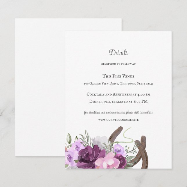 Rustic Horseshoes och Flowers Lila Inbjudningar (Fram/baksida)