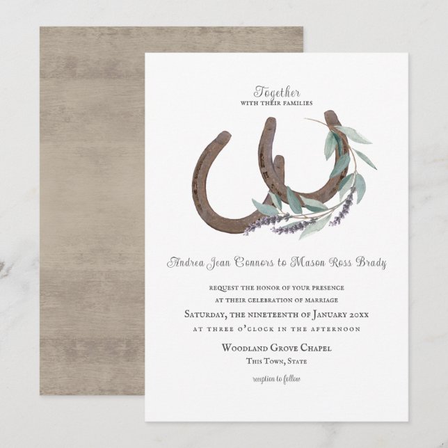 Rustic Horseshoes och Lavender Inbjudningar (Fram/baksida)