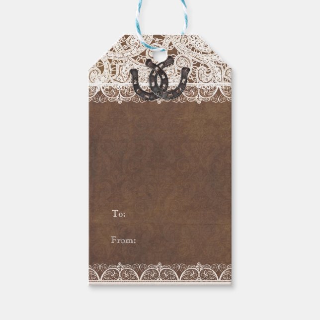 Rustic Horseshoes & Snöre Landsbyggsbröllop Gift M Presentetikett (Framsidan)