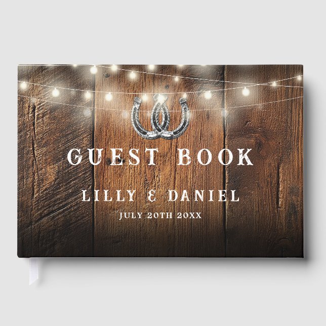 Rustic Horseshoes String Lights Barn Wood Wedding Gästböcker (Framsida)