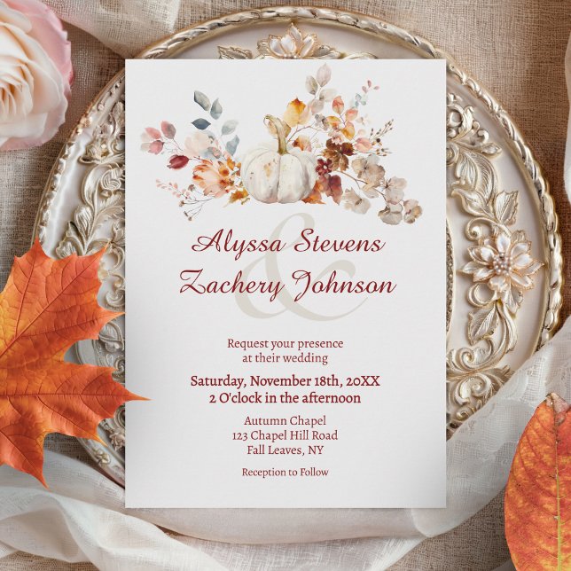 Rustic Höst löv Fall Pumpkin Bröllop Inbjudningar (White Pumpkin Autumn Leaves Fall Wedding Invitation)