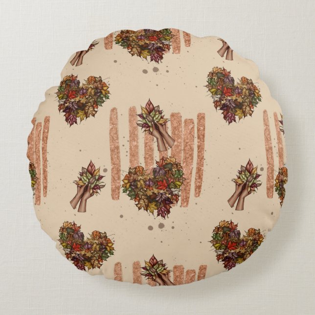 Rustic Höst löv Heart Mönster - Fall Vibes Rund Kudde (Framsidan)