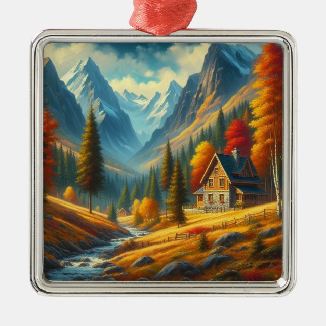 Rustic, höstbergsstuga och flod julgransprydnad metall (Framsidan)