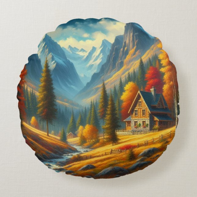 Rustic, höstbergsstuga och flod rund kudde (Framsidan)