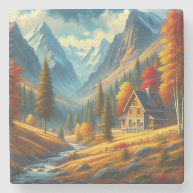 Rustic, höstbergsstuga och flod stenunderlägg (Framsidan)