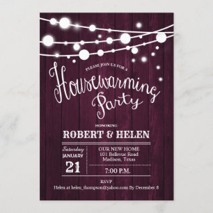 Rustic Houseuppvärmning Party, Burgundy Maroon Mar Inbjudningar