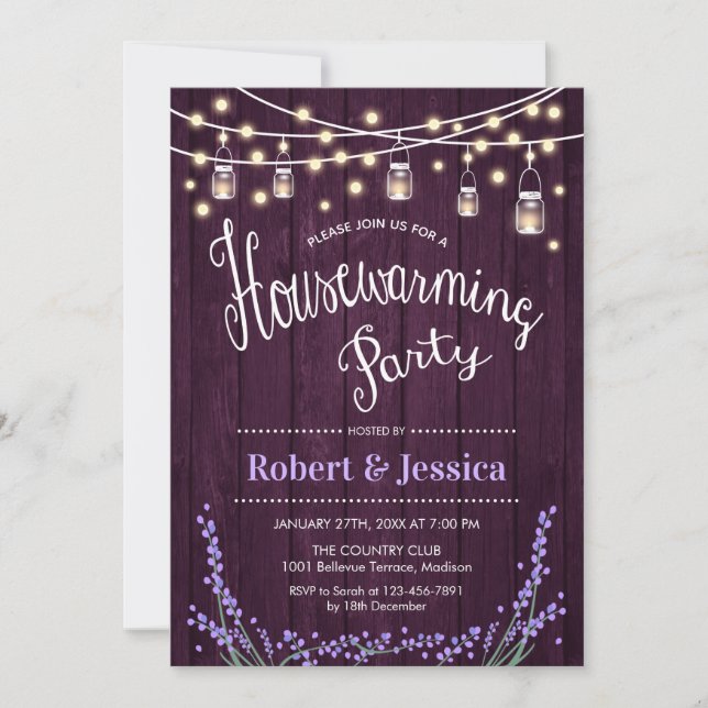Rustic Houseuppvärmning Party - Lila Wood Lavender Inbjudningar (Framsida)