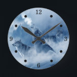 Rustic Howling Vargars Round Clock Rund Klocka<br><div class="desc">Den här stiliga vargarna är perfekt för en vildmarkshusstuga,  ett sjö hus eller en stuga. För naturens och djurlivets älskare.</div>