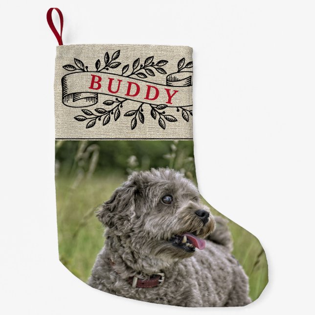Rustic Hund Photo och Namn Festive Ribbon Liten Julstrumpa (Framsidan)