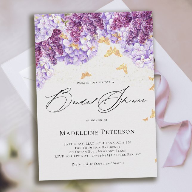 Rustic Hydrangea Lilac Butterfly Bridal Shower Inbjudningar (bridal shower invitation hydrangea lilac butterflies boho romantic purple gold pink)