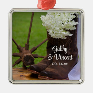 Rustic Hydrangea och Cowboy Boots Westerna Bröllop Julgransprydnad Metall