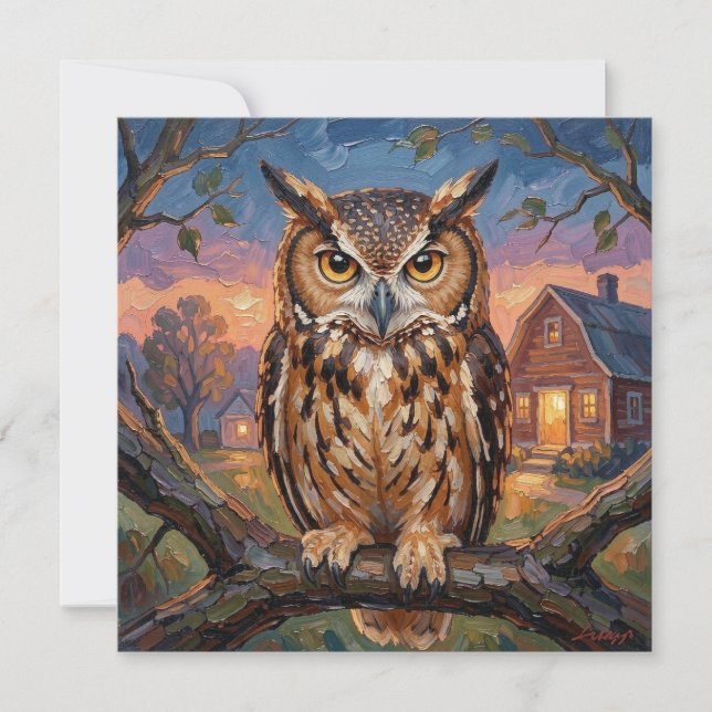 Rustic Impasto Great Horned Owl Blank (Framsida)
