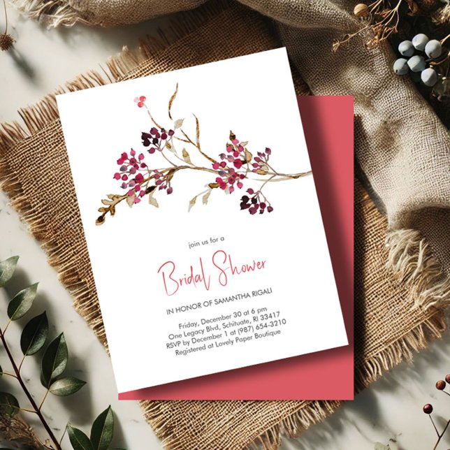 Rustic Inbjudningskort för möhippa (Rustic bridal shower invitations botanical red berries and brown twigs watercolor)