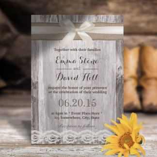 Rustic Ivory & Burlap Ribbon Laced Wood Bröllop Inbjudningar
