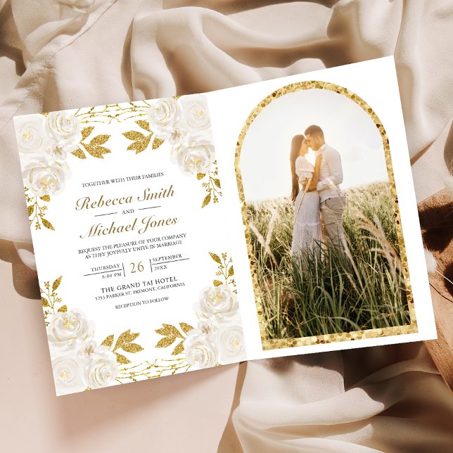 Rustic Ivory Floral Gold Glitter QR Code Wedding Inbjudan (Skapare uppladdad)