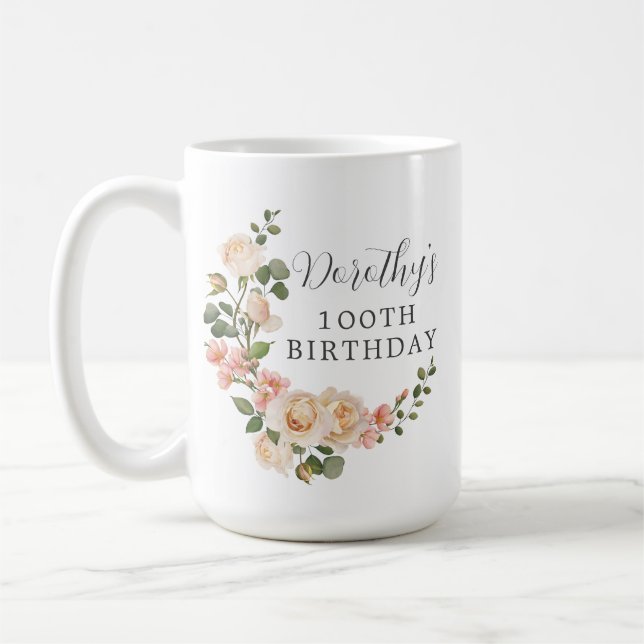 Rustic Ivory White Blommigt 100th Birthday Gift Kaffemugg (Vänster)