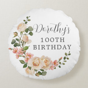 Rustic Ivory White Blommigt 100th Birthday Gift Rund Kudde