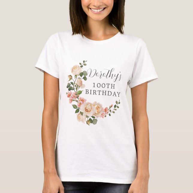 Rustic Ivory White Blommigt 100th Birthday Gift T Shirt (Framsida)