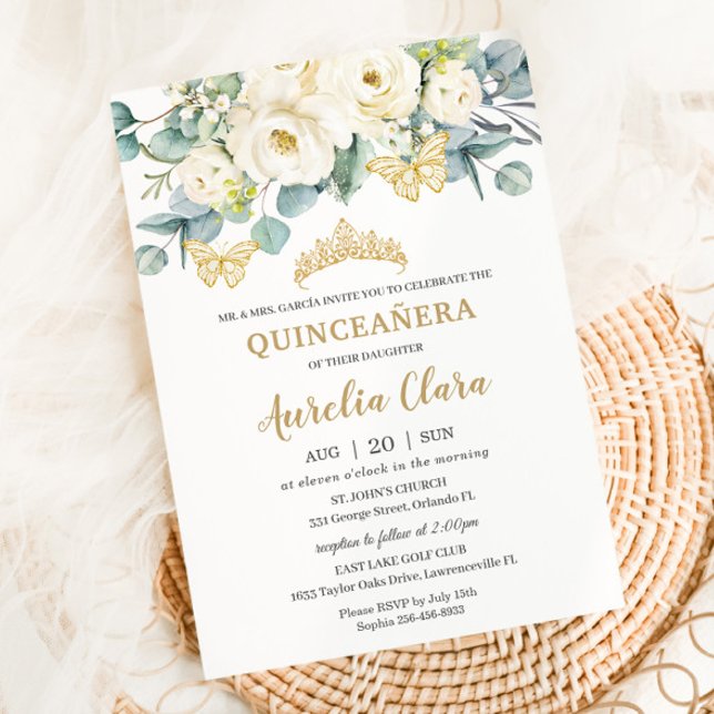 Rustic Ivory White Blommigt Eucalyptus Quinceañera Inbjudningar (Skapare uppladdad)