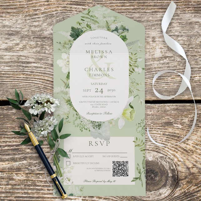 Rustic Ivy Ferns & Greenery Sage Grönt QR-kod (Also available without a QR code; with or without dinner selection options.)