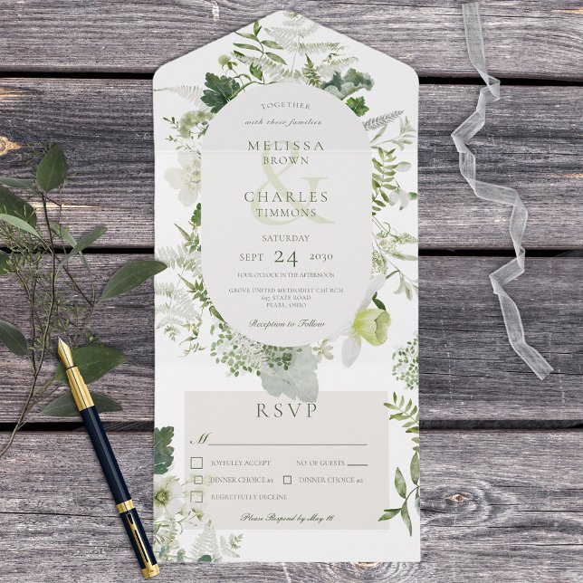 Rustic Ivy Ferns & Greenery White Middag (Also available with a QR code or without dinner selection options.)