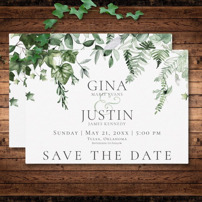 Rustic Ivy & Sage Greenery Bröllop Spara Datumet (Rustic Ivy & Sage Greenery Wedding Save The Date)