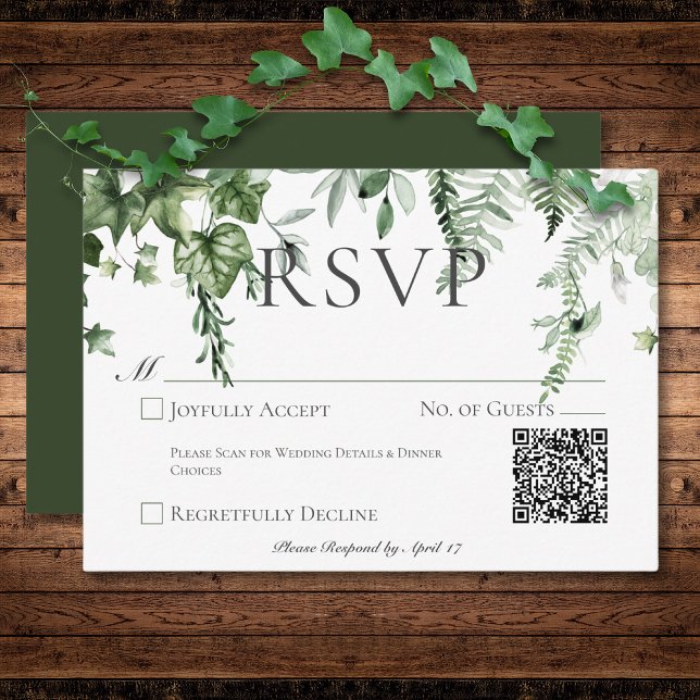 Rustic Ivy & Sage Greenery Grönt Bröllop QR-kod OSA Kort (Rustic Ivy & Sage Greenery Green Wedding QR Code RSVP Card)