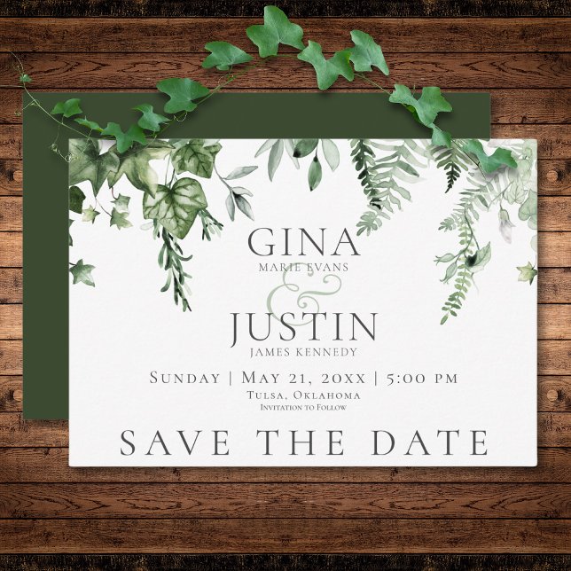 Rustic Ivy & Sage Greenery Grönt Bröllop Spara Datumet (Rustic Ivy & Sage Greenery Green Wedding Save The Date)