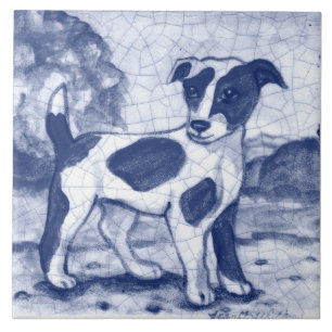 Rustic Jack Russell Terrier Hund Blue Delft Dedham Kakelplatta