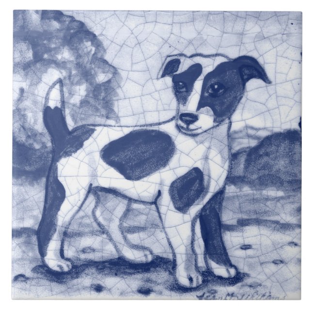 Rustic Jack Russell Terrier Hund Blue Delft Dedham Kakelplatta (Framsidan)