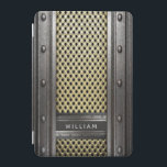 Rustic järn metall, grova industrikillar manar iPad mini skydd<br><div class="desc">En coola grov industriell stil för killar,  manar. Grått faux-stål och guld tittar metall och nitar. Anpassa och lägg till ditt namn,  lätt grått brev.</div>