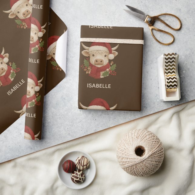 Rustic jordbrukshus Highland Cow med Santa Hat Presentpapper (Hantverk)
