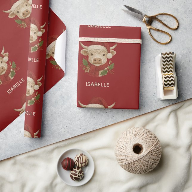 Rustic jordbrukshus Highland Cow med Santa Hat Presentpapper (Hantverk)