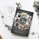 Rustic Joy Wandec | Jul för Rustic Photo Collage Helg Vykort<br><div class="desc">En festiv helgdag-kortsdesign som innehåller åtta av dina favoritfoton som ordnats i en rund andedräkt som accentueras av gröntens vattenfärgsblad, gräs-koner och röda hollbär på en kritbakgrund. "Joy" visas i mitten i penselskripttypografi med vita bokstäver. Anpassa den här unika helgdag för fotokollage med anpassningsbarna Jul hälsning och namn vid grund...</div>