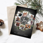 Rustic Joy Wandec | Multifoto Collage-jul Julkort<br><div class="desc">En festive helgdag card-design som innehåller åtta av dina favoritfoton som ordnats i en rund andedräkt som accentueras av grönt vattenfärgsblad, gräs-koner och röda hollbär på en rustik kritbakgrund. "Joy" visas i mitten i penselskripttypografi med vita bokstäver. Anpassa den här unika helgdag fotokollage-designen med din anpassningsbar jul hälsning och namn...</div>