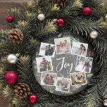 Rustic Joy Wandec | Photo Collage-jul Julkort<br><div class="desc">Ett festive-kort i en unik, rund form som innehåller åtta av dina favoritfoton i en rund andedräkt som accentueras av gröntens vattenfärgsblad, gräs-koner och röda hollbär på en kritbakgrund. "Joy" visas i mitten i penselskripttypografi med vita bokstäver. Anpassa baksidan av den här unika helgdag fotokollage-designen med anpassningsbarna Jul hälsning och...</div>