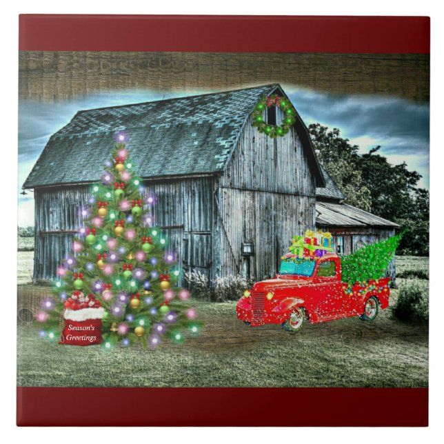 Rustic jul Barn Lastbil Julgran vid Farm Kakelplatta (Framsidan)