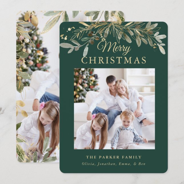 Rustic jul Botanical | Två foto och Guld Julkort (Fram/baksida)