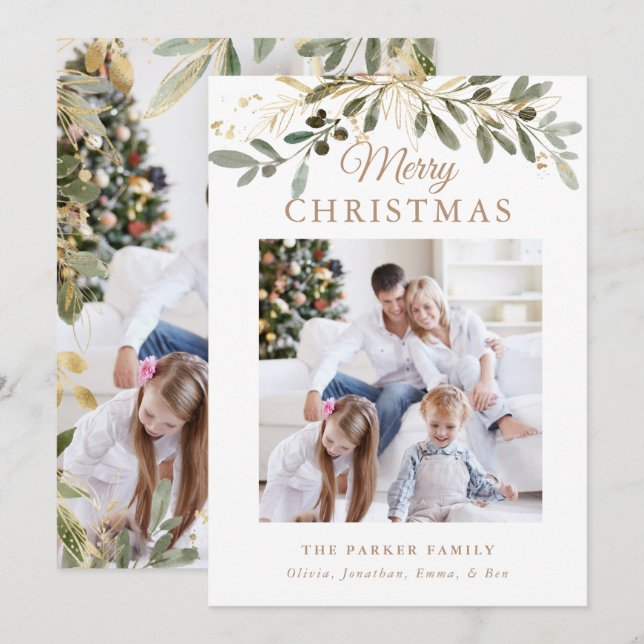 Rustic jul Botanical | Två foto och Guld Julkort (Fram/baksida)