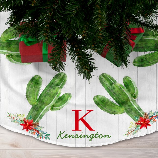 Rustic jul Cactus Southwest Monogram Julgransmatta Borstad Polyester (Rustic Christmas Cactus Southwestern Monogram Brushed Polyester Tree Skirt)