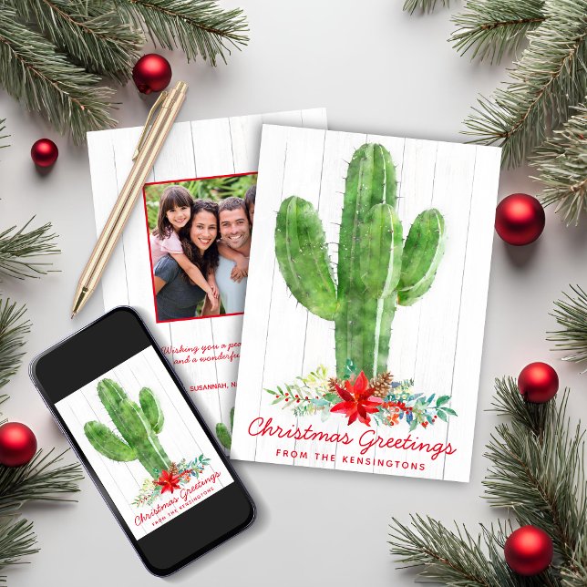 Rustic jul Cactus Wood Helgdag Photo Julkort (Rustic Christmas Cactus Wood Holiday Photo Card)