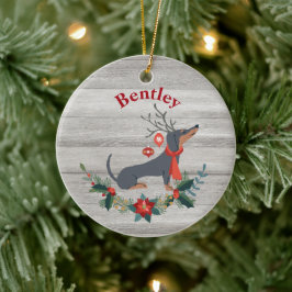 Rustic jul Dachshund med Antlers & Greenery Julgransprydnad Keramik