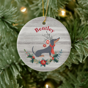 Rustic jul Dachshund med Antlers & Greenery Julgransprydnad Keramik