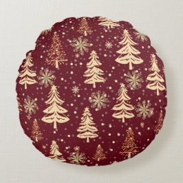 Rustic jul Evergreen Träd Red och Guld Rund Kudde