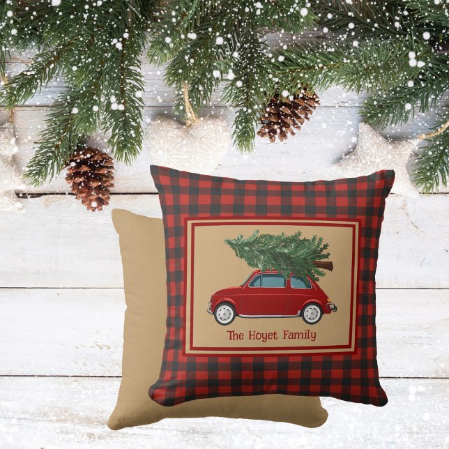 Rustic jul, Family Namn, Red, Guld. Kudde (Rustic Christmas, Family Name, Red, Gold, Throw Pillow)