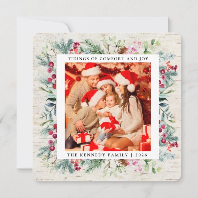 Rustic jul Greenery Berries Photo Helgdag Julkort (Framsida)