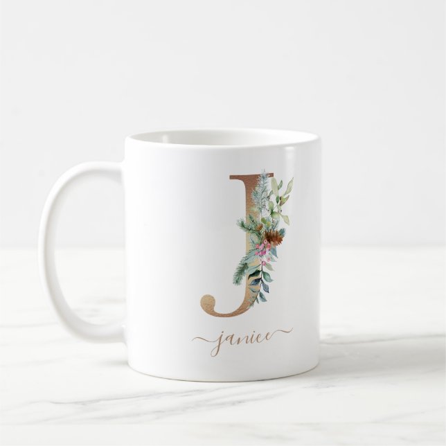 Rustic jul Holly Red Berries Guld Monogram J Kaffemugg (Vänster)