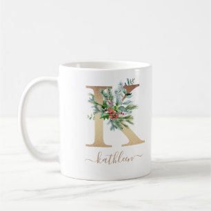 Rustic jul Holly Red Berries Guld Monogram K Kaffemugg